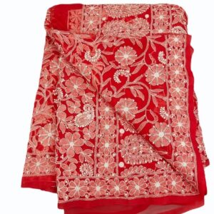 Ladies Red Embroidered Georgette Saree, Casual Wear